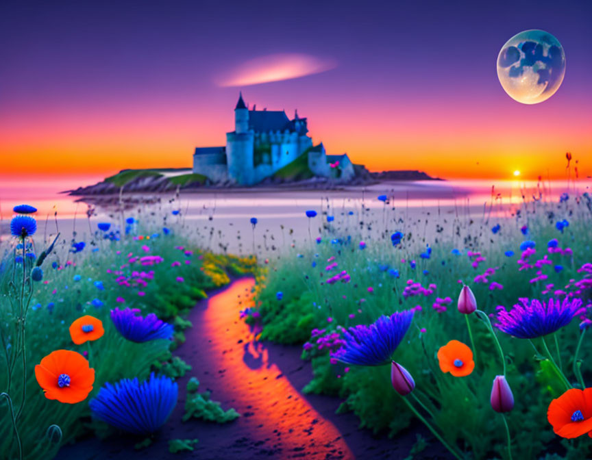 Scenic sunset over coastal castle with flower field and oversized moon