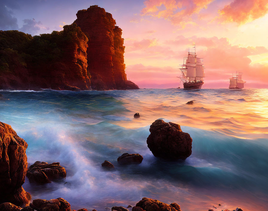 Majestic tall ships near red-rock cliff under vibrant sunset.