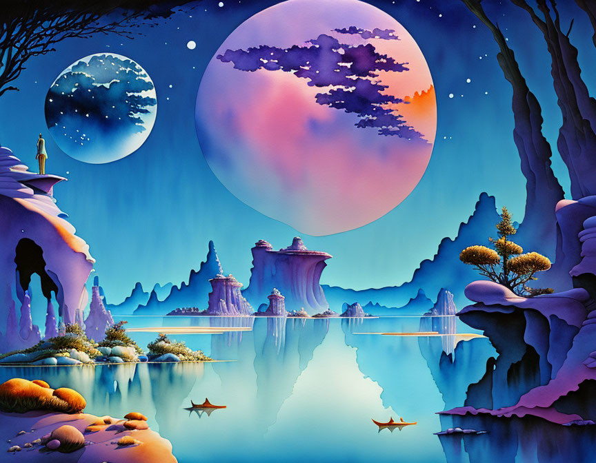 Colorful Fantasy Landscape with Moon, Sky, Water, Rocks & Vegetation