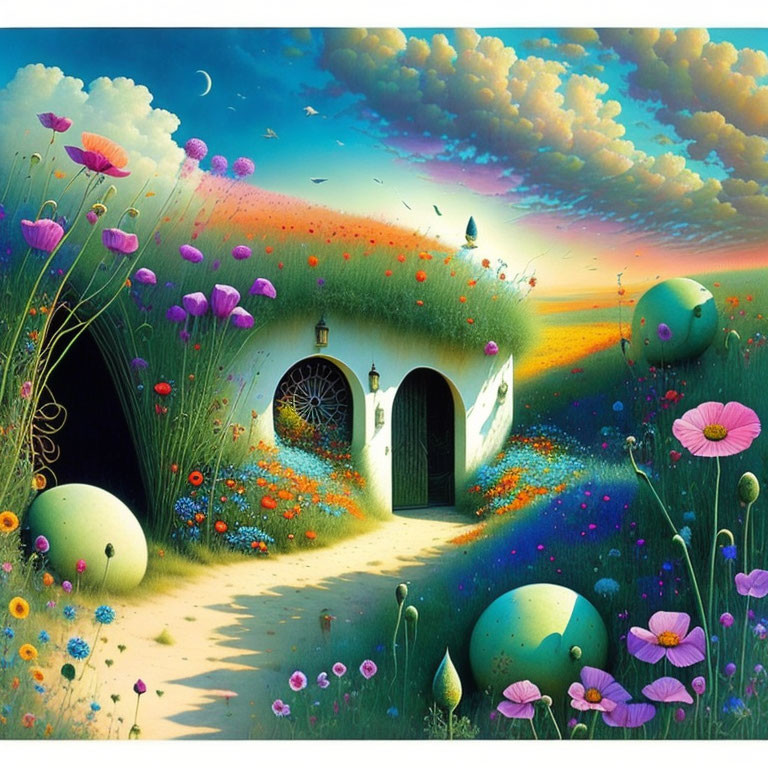 Colorful Artwork of Whimsical Landscape with Round Hilltop Door