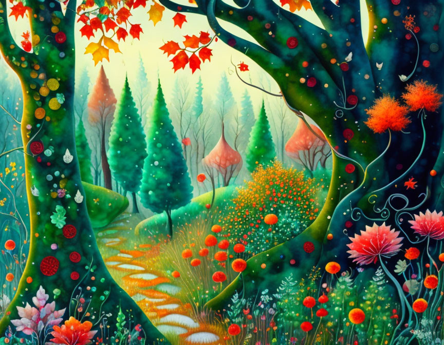 Vibrant Flora and Whimsical Trees in Fantasy Forest