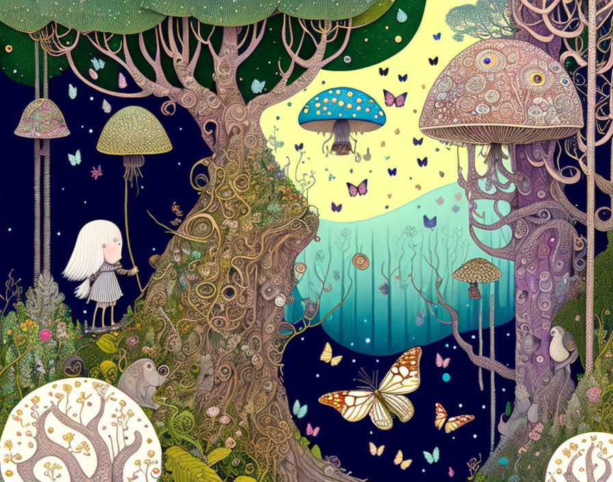 Illustration of girl in mystical forest with glowing mushrooms, talking trees, butterflies, and star-filled sky