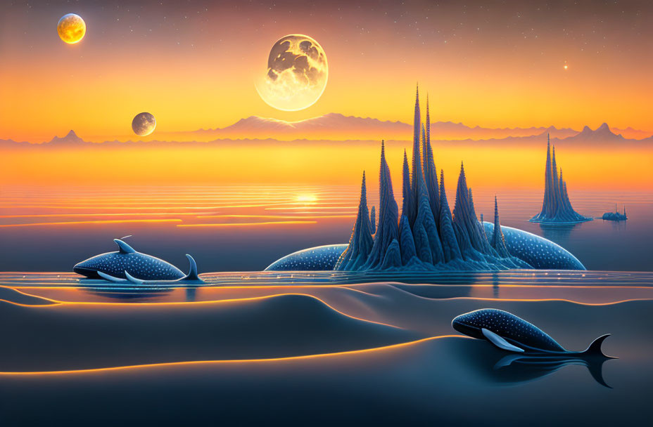 Fantasy landscape with floating whale-like creatures and crystal spires