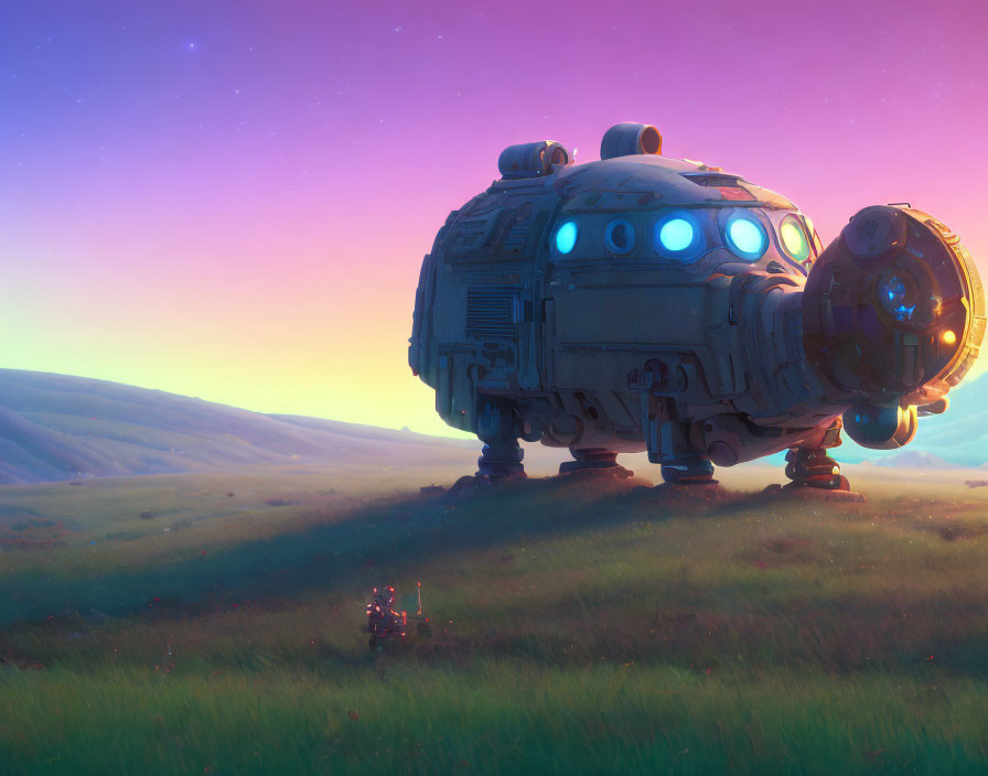 Glowing blue lights on spherical robot in meadow at sunset