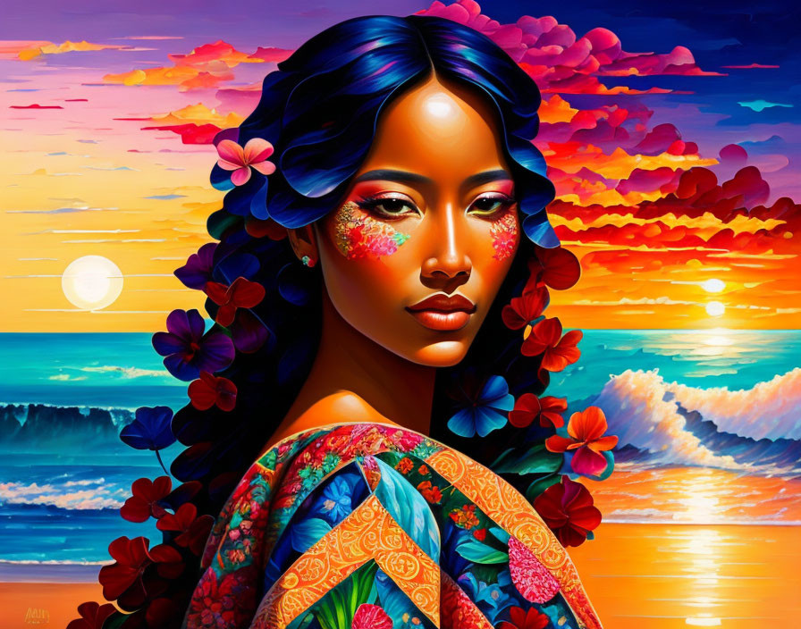 Colorful artwork: Woman with blue hair and flowers at sunset ocean