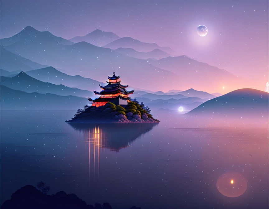 Tranquil digital artwork of East Asian pagoda on island