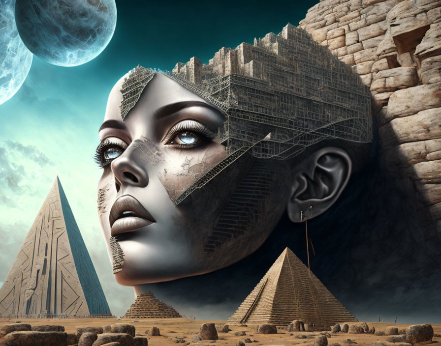 Surreal illustration: Woman's face with architecture in desert landscape