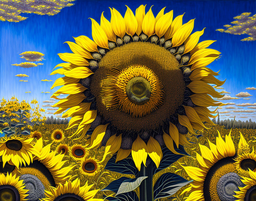 Sunflower painting with central bloom and blue sky landscape