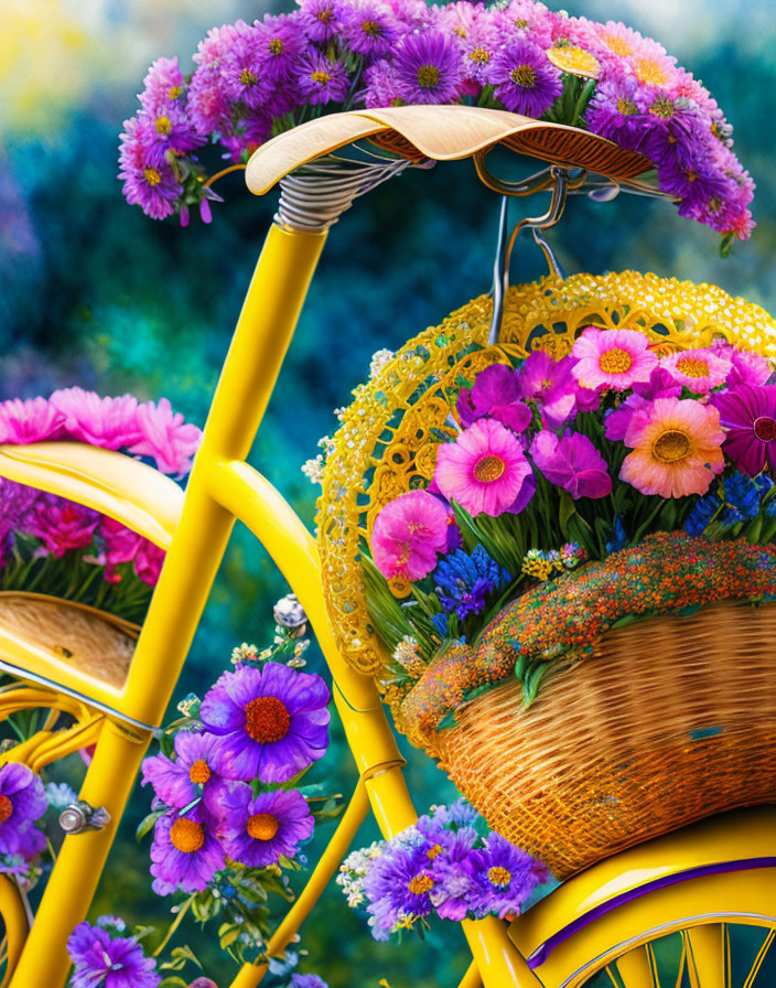 Yellow bicycle with overflowing flower basket against lush purple backdrop