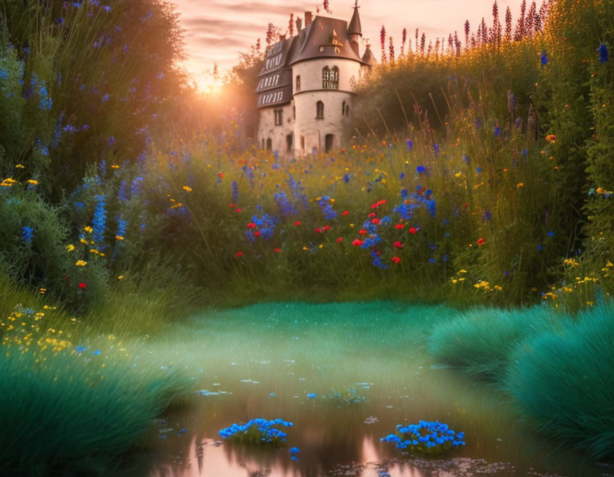 Enchanting fairytale castle in blooming meadow with pond at sunset.