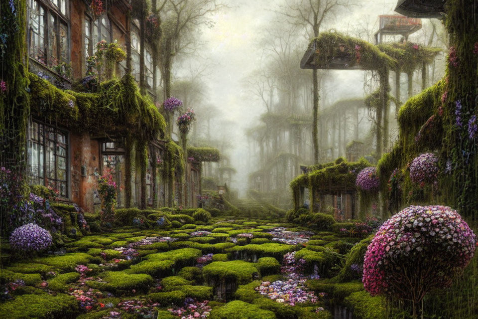 Mystical garden with vibrant flowers in foggy forest setting