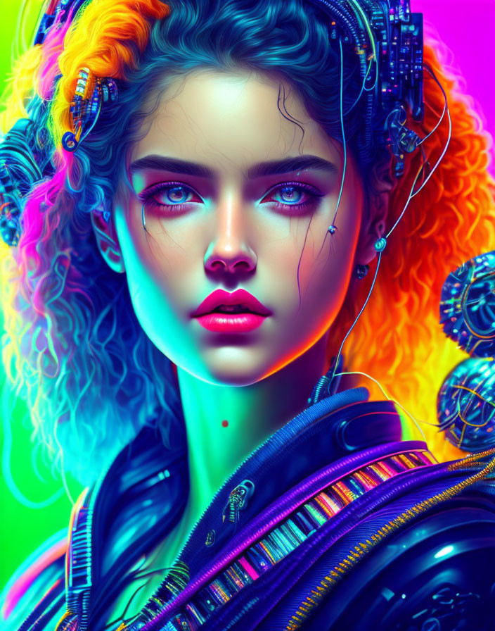 Colorful digital portrait of woman with blue eyes and curly hair wearing futuristic headphones.