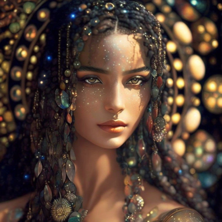 Cosmic-themed makeup woman with beads and shells in hair against shimmering circles