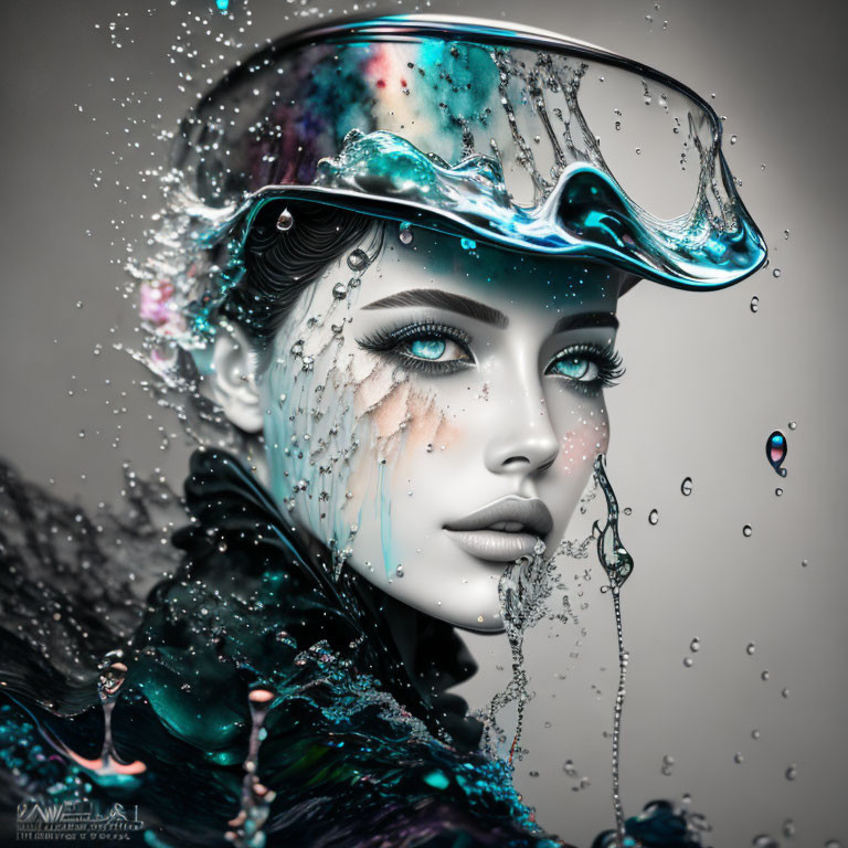 Digital Artwork: Woman with Water Visor and Colorful Splashes