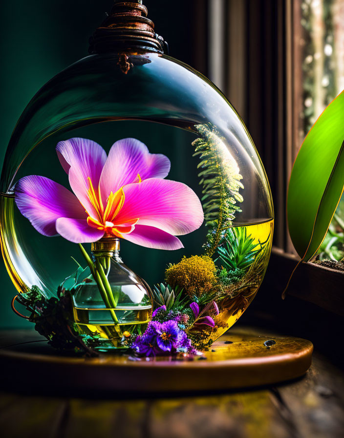 Glass terrarium with vibrant flowers and plants on wooden surface