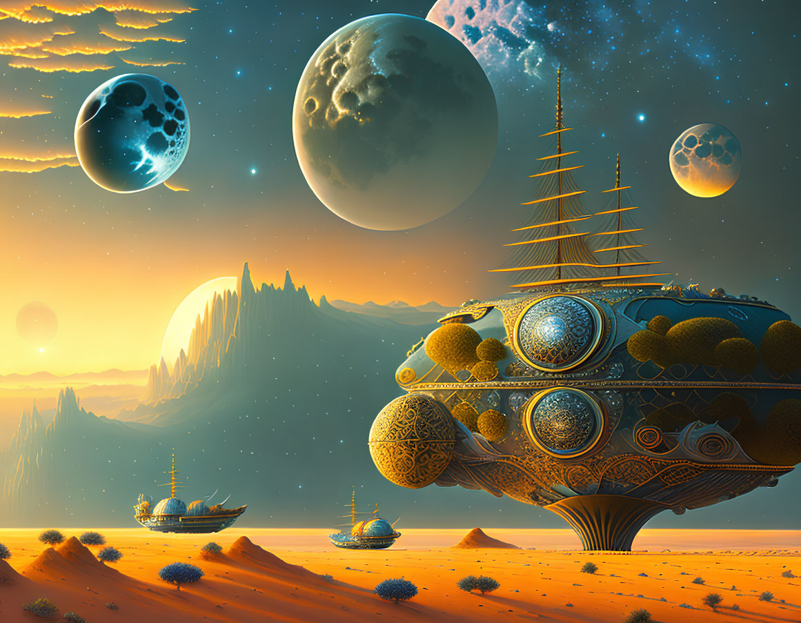 Sci-fi landscape with floating pagoda ships in desert terrain