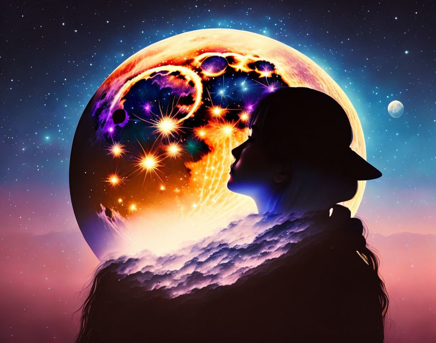 Cosmic silhouette with hat against vibrant planet and stars