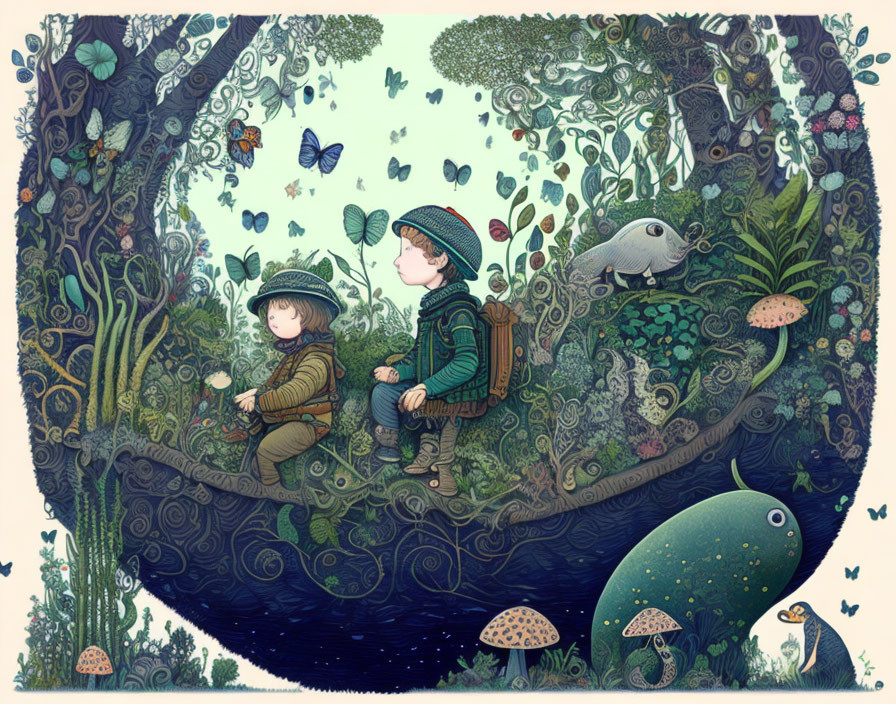 Children in enchanted forest with trees, plants, mushrooms, and animals