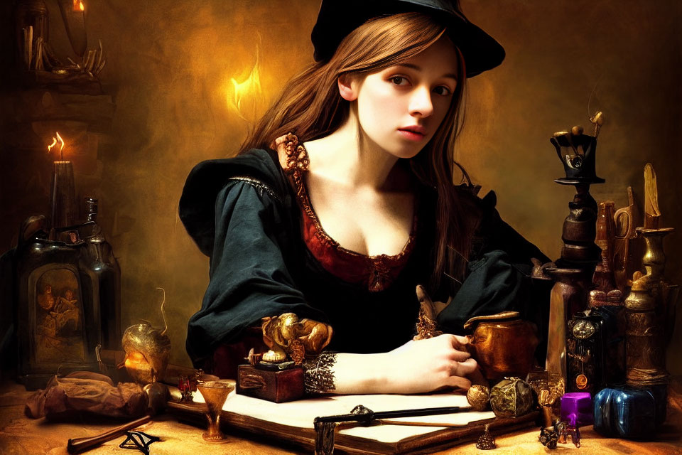 Young woman in historical attire at table with candles, quill, and antique items