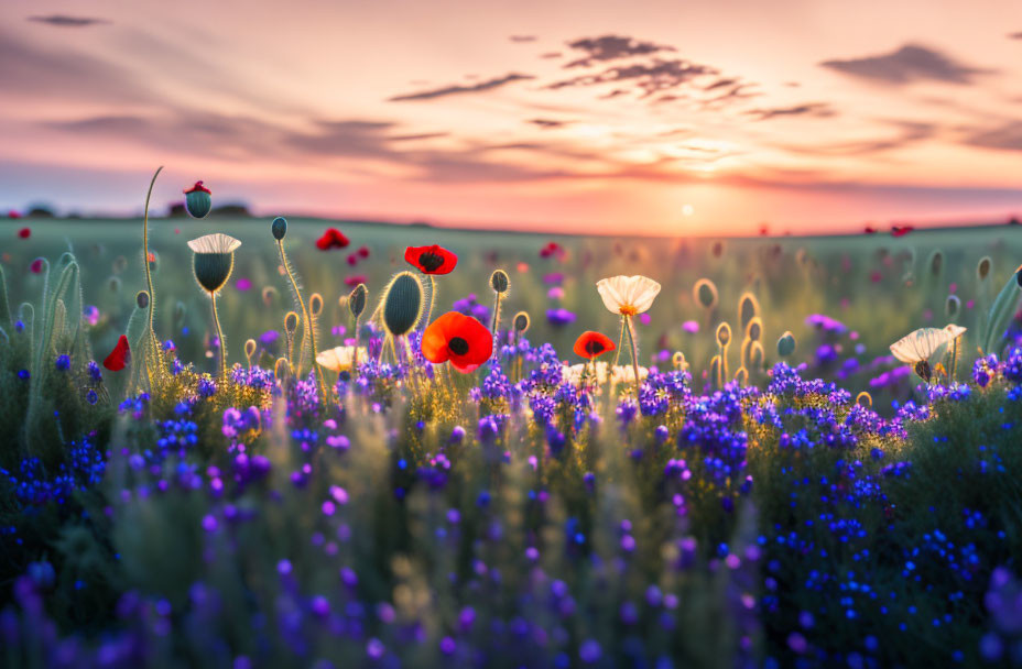 Colorful Wildflower Meadow at Serene Sunset