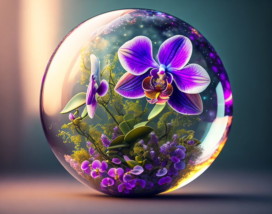 Digital Art: Transparent Sphere with Miniature Garden and Orchids