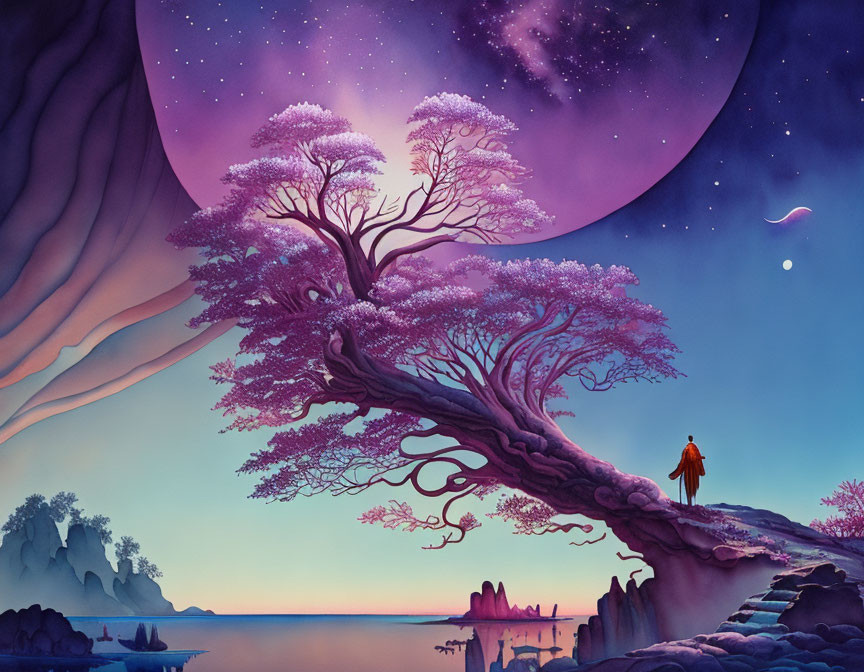 Person in red cloak under pink tree on cliff edge with starry sky & crescent moon