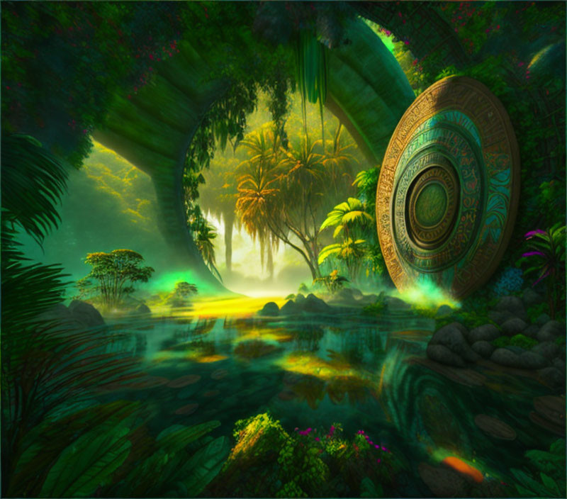 Mystical jungle with lush greenery, reflective water, golden disc, and ethereal light