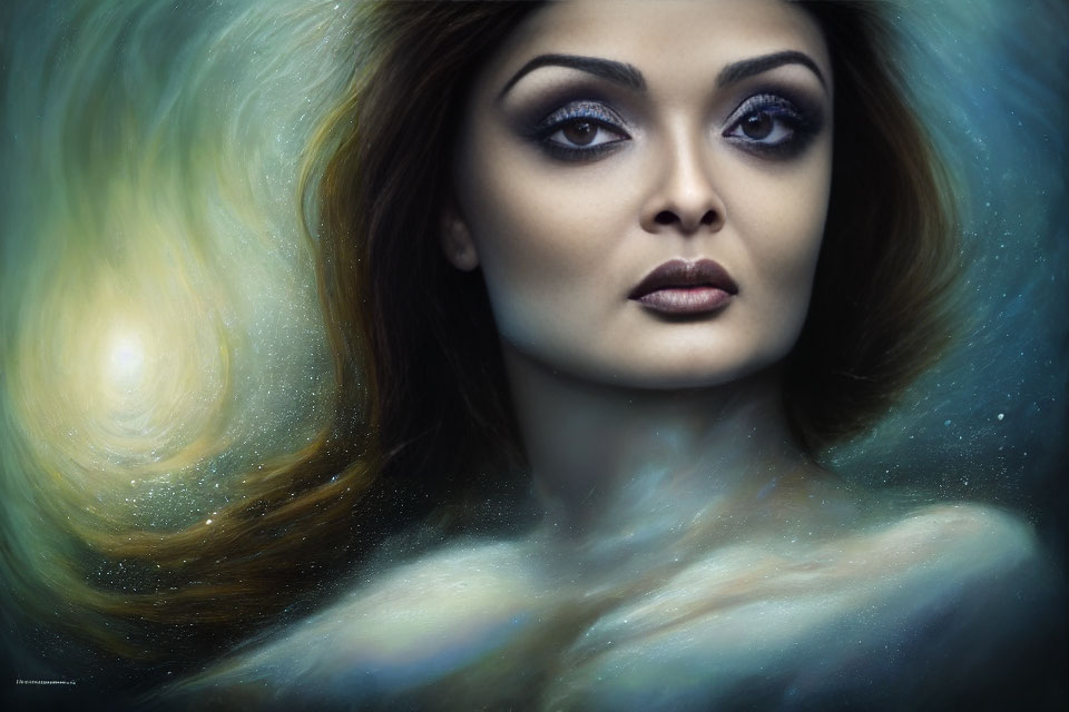 Surreal portrait of woman blending into swirling galaxy