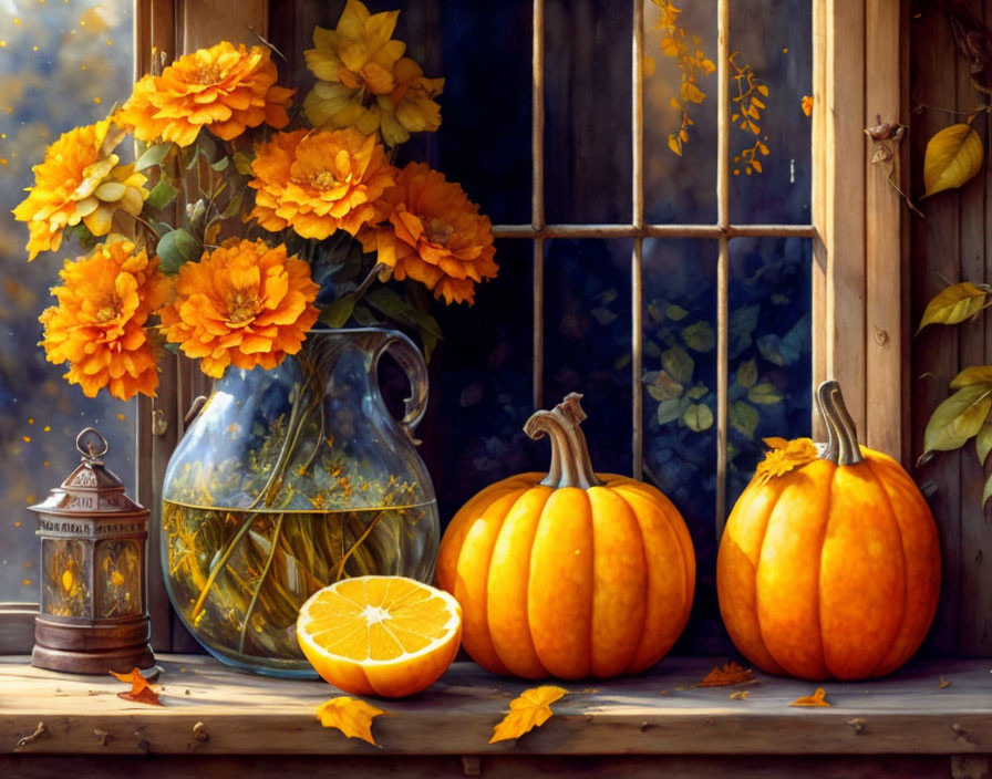 Vibrant still life with marigolds, pumpkins, lantern, and autumn leaves