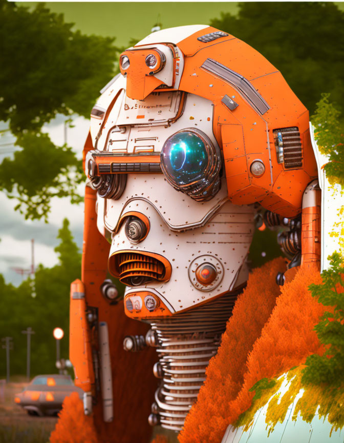 Orange and White Robot Head Emerging from Foliage with Blue Eye, Trees, and Car in Background