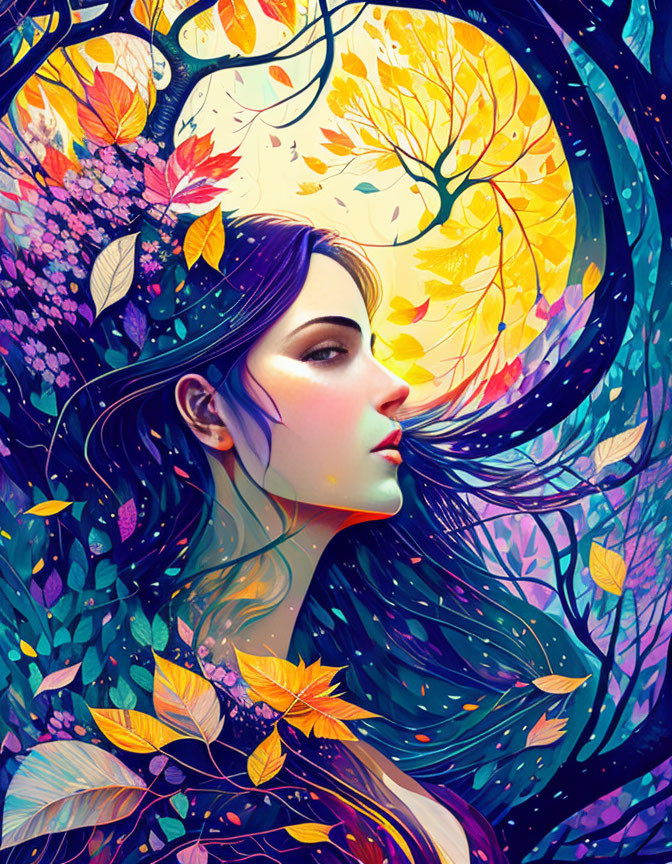 Seasonal-themed woman illustration with colorful hair and leaves.