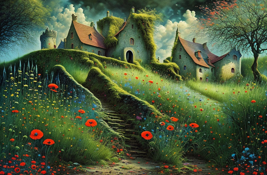 Vibrant green landscape with moss-covered houses, rolling hills, flowers, and distant castle