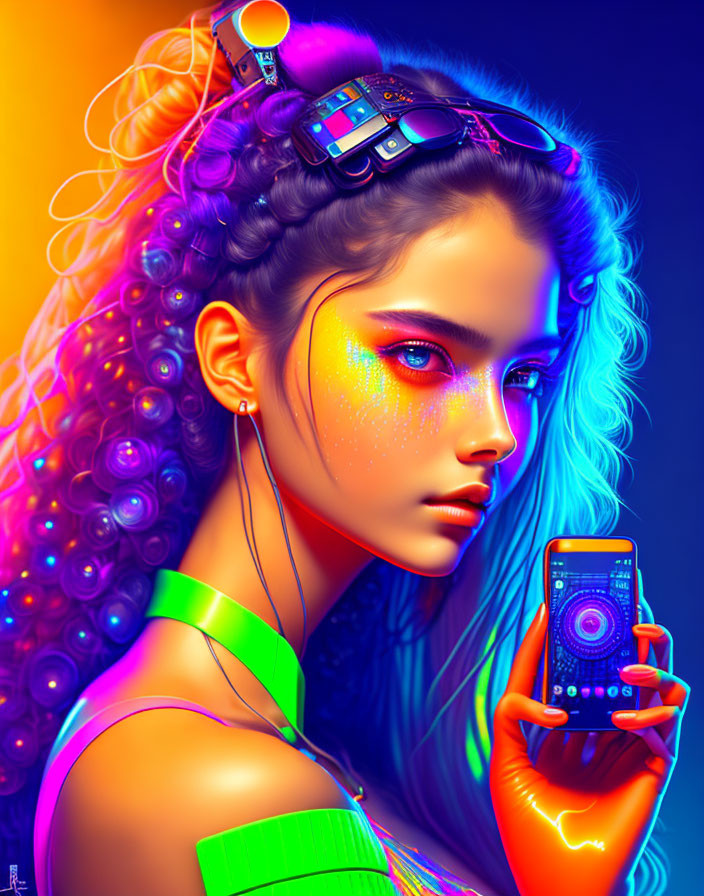 Digital artwork: Woman with neon accessories and glowing device on colorful backdrop