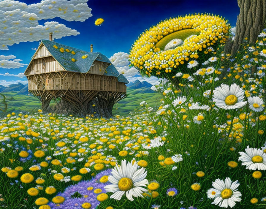 Whimsical painting: Wooden house on stilts in vibrant daisy field