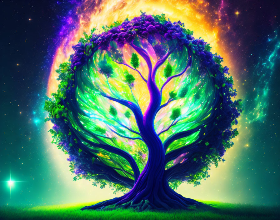 Ethereal tree digital artwork under cosmic sky