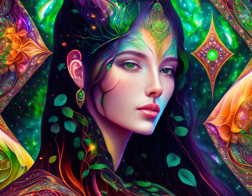 Digital artwork: Woman with green skin, cosmic flora, jewels, glowing leaves