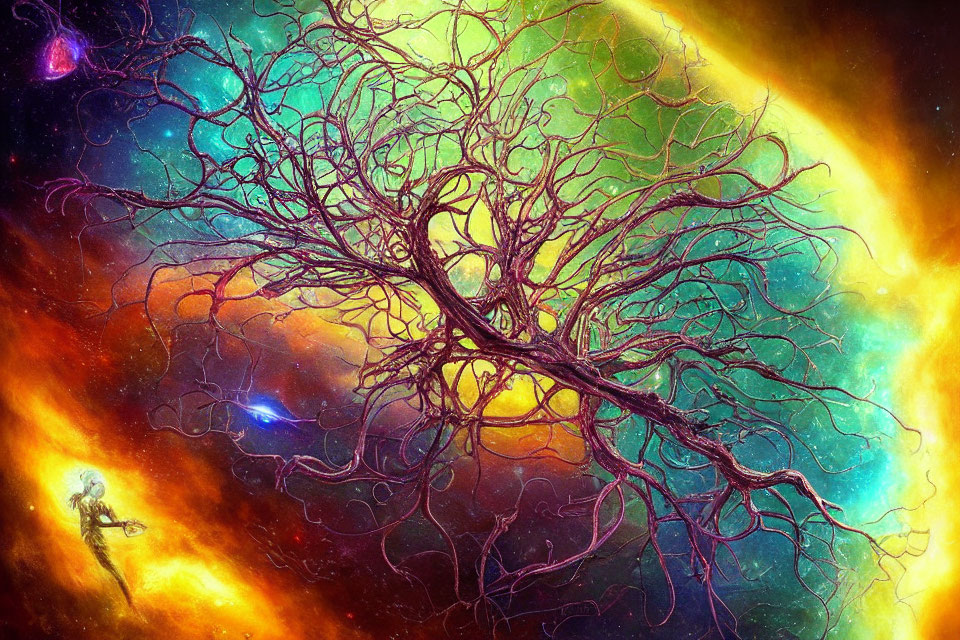 Colorful digital artwork: Cosmic scene with tree-like structure, swirling colors, astronaut.