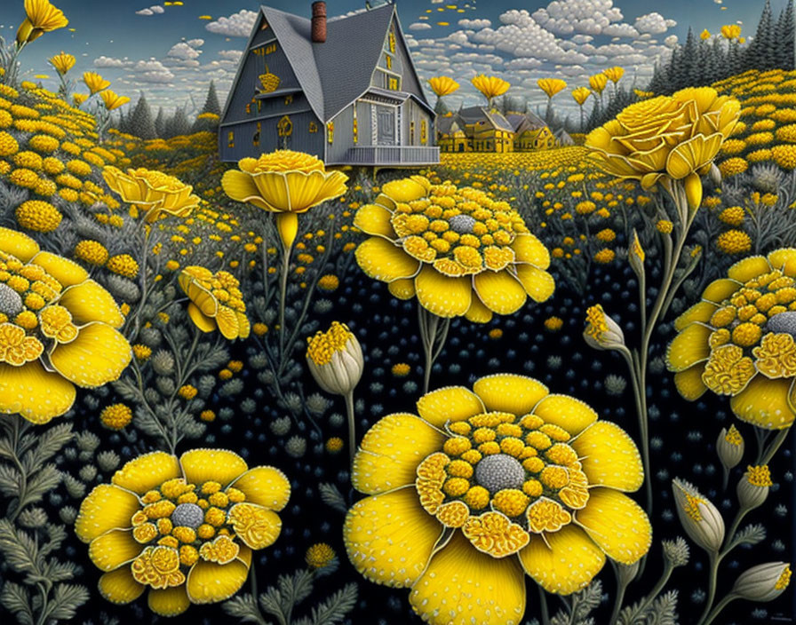 Blue House Surrounded by Yellow Flowers and Trees in Vibrant Field