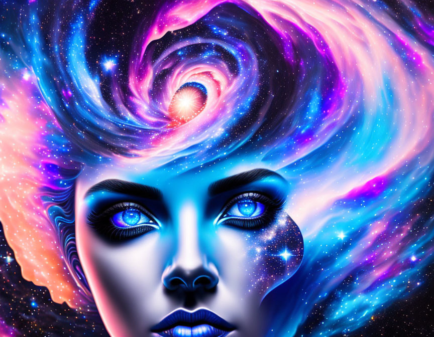 Digital illustration: Woman's face merges with cosmic galaxy background