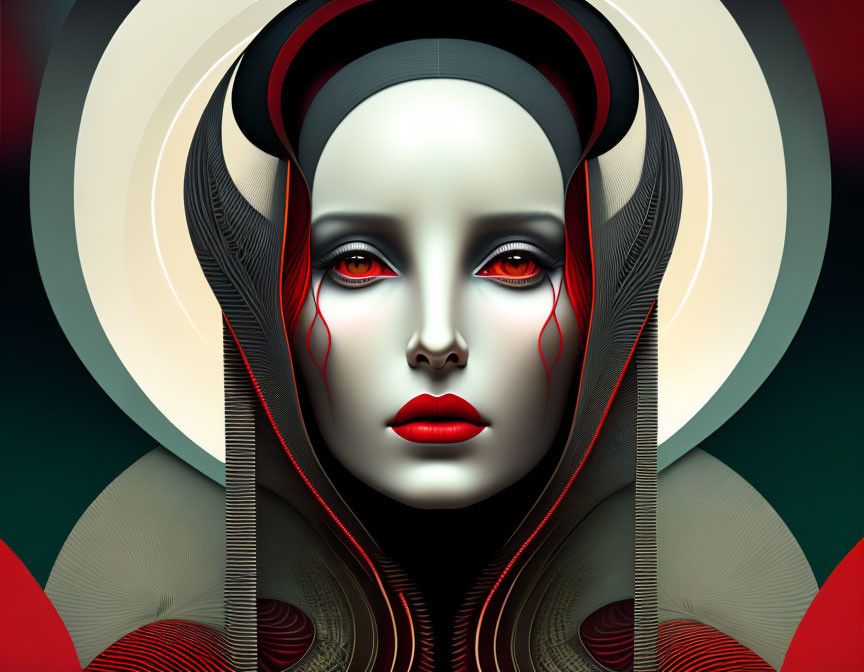 Portrait of woman with pale skin, red lips, abstract headdress, set against green and red concent