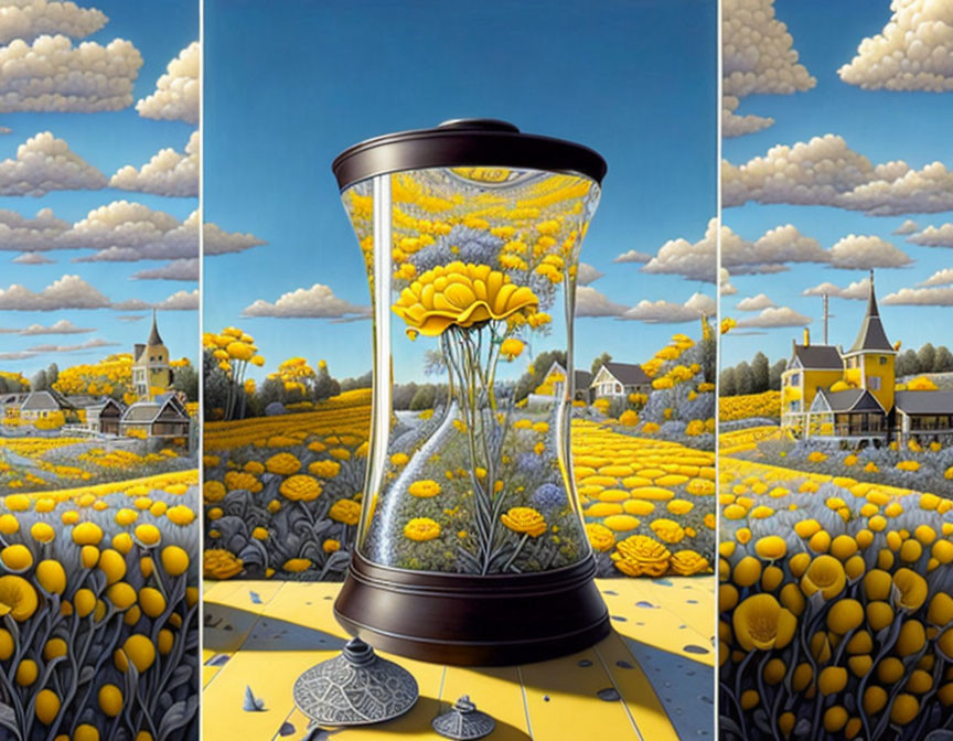 Surreal landscape with large hourglass and yellow flowers under blue sky