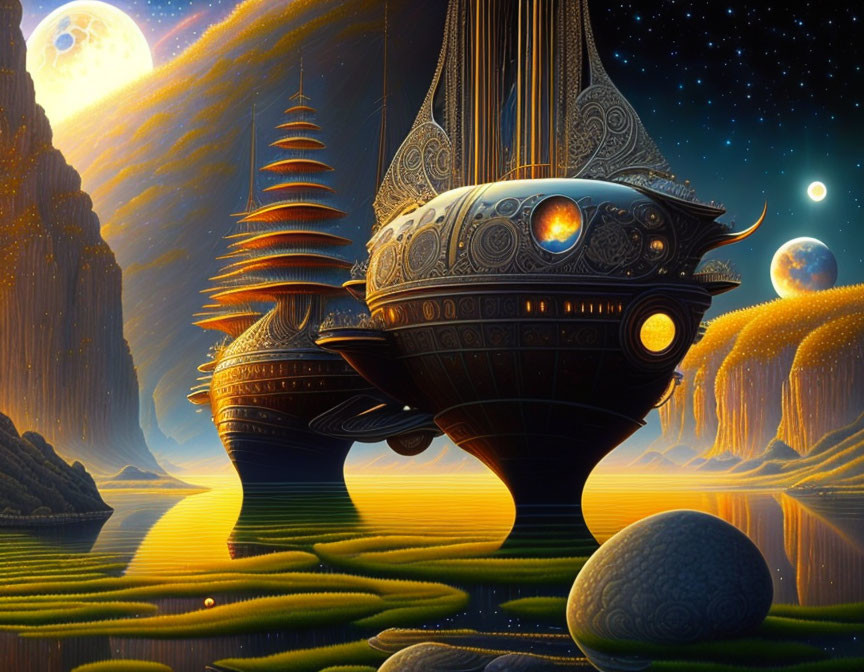 Fantastical landscape with spaceship-like buildings, moons, stars, warm light, terraced fields