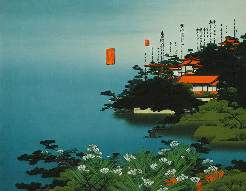 Vibrant orange temples in traditional Japanese scene