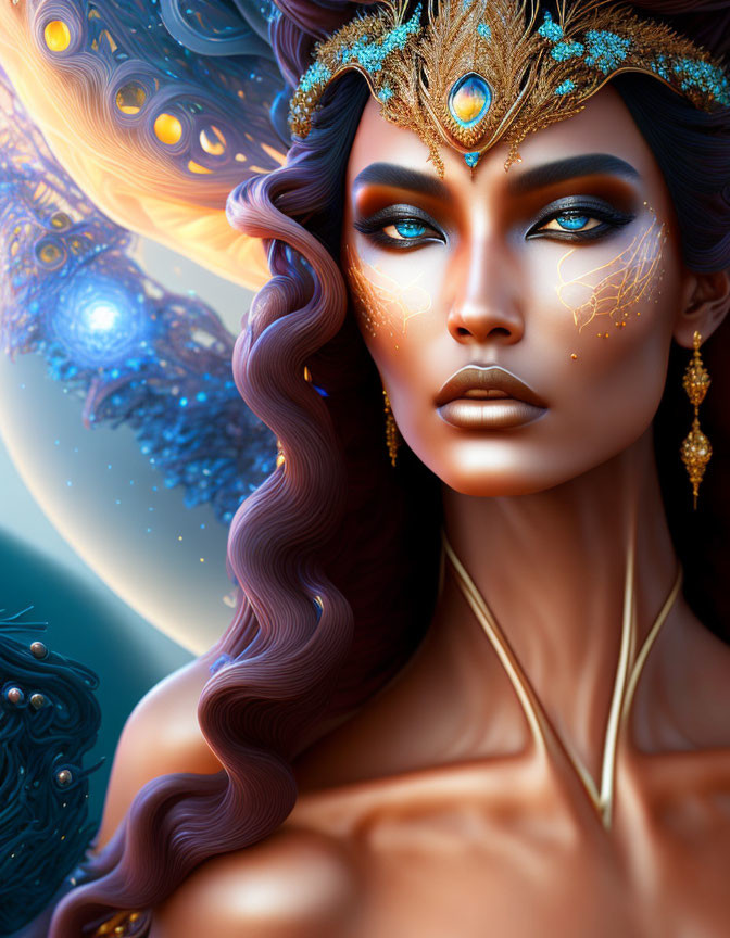 Digital Artwork: Woman with Turquoise and Gold Headpiece in Cosmic Setting