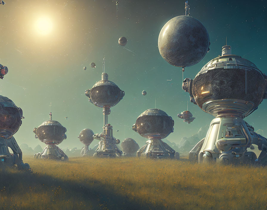 Spherical Sci-Fi Structures in Sunlit Landscape