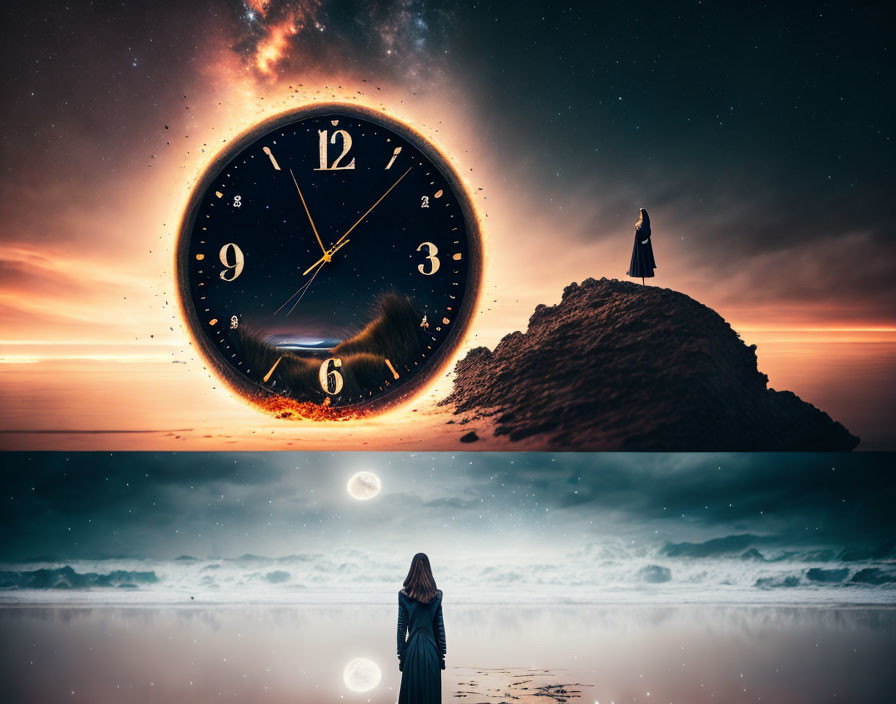 Surreal triptych: cosmic clock, fiery sky, starlit ocean.