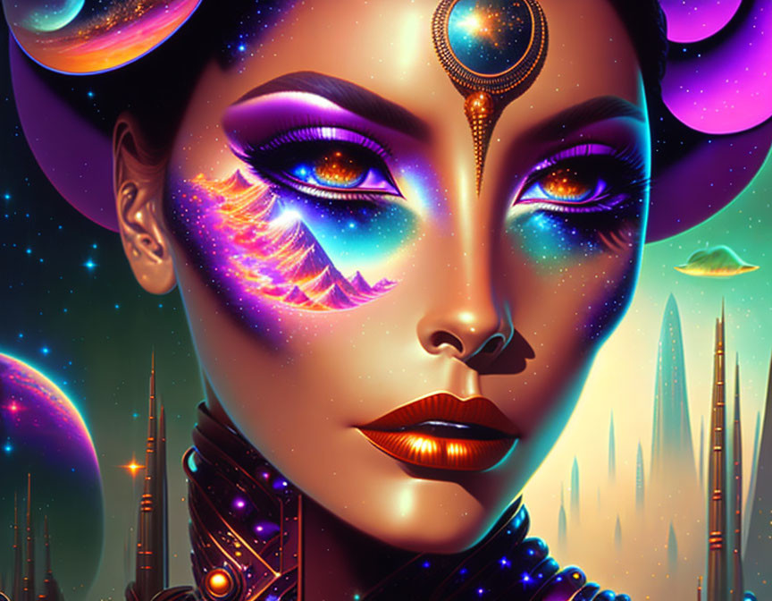 Futuristic woman with galaxy makeup in space cityscape