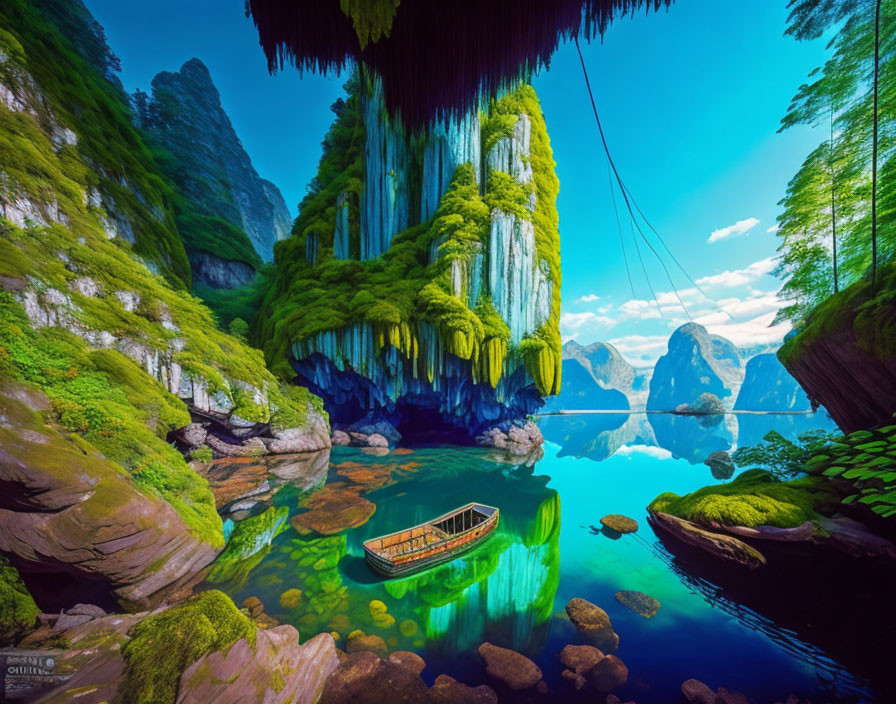 Tranquil landscape with boat, clear water, lush greenery, cliffs, waterfalls, and