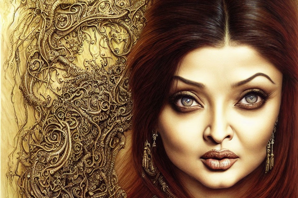 Detailed illustration of a woman with henna patterns, captivating eyes, and traditional earrings