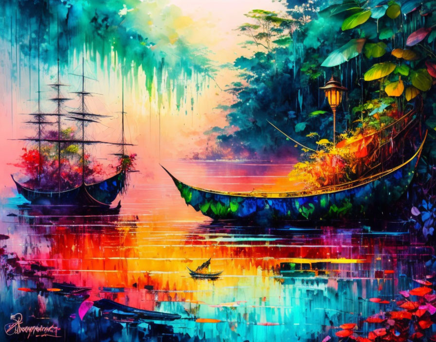 Colorful Boat Painting Against Surreal Sunset Sky